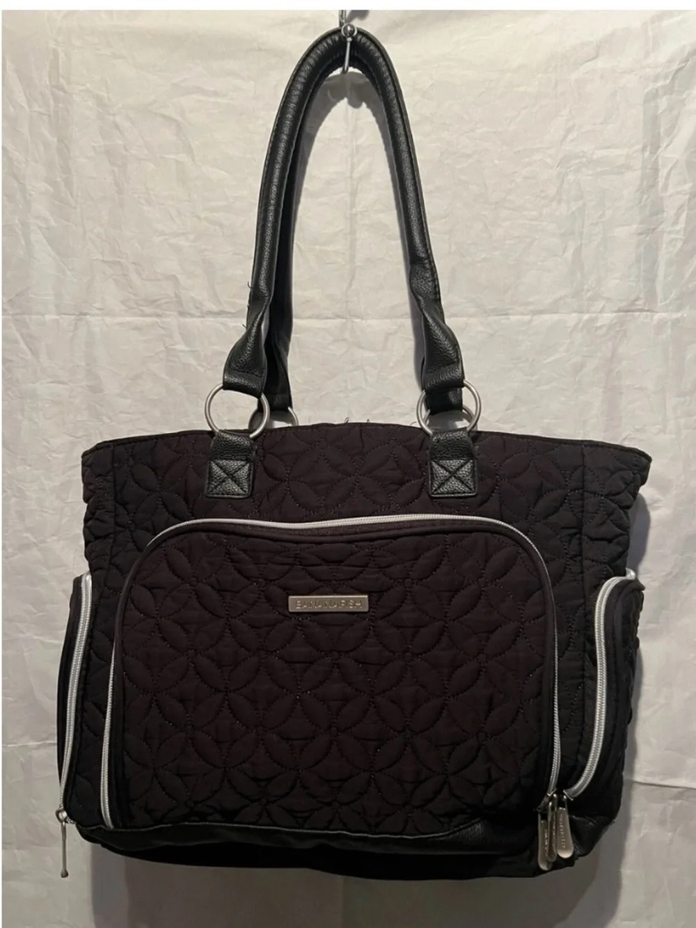 Bananfish Quilted Black Diaper Bag with Front Zip Pocket and side zip pockets